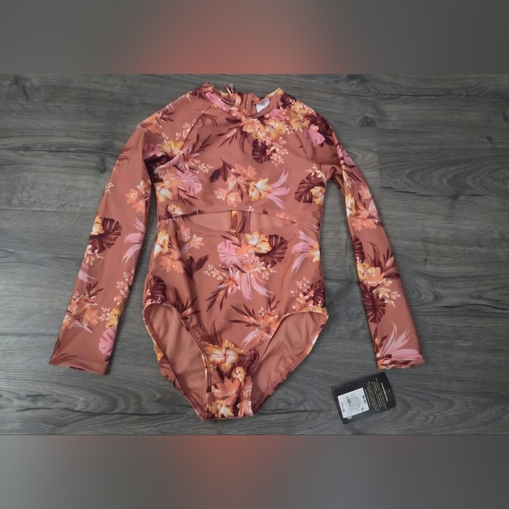 Girls brown floral rashguard swimsuit size 8 NWT